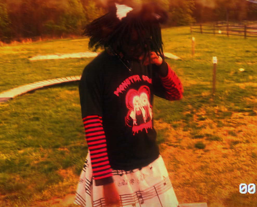 Picture of me (girl with short locs and cat ears) posing in a grass field.